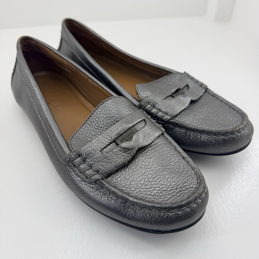 Coach Penny Womens 8B Gunmetal Metallic Leather Loafers Moc Toe Driving Shoes